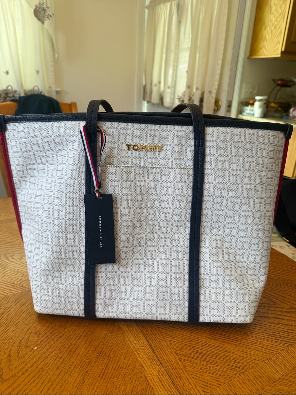 Tommy Hilfiger White Monogram Tote with Navy Trim and Red Side Panels